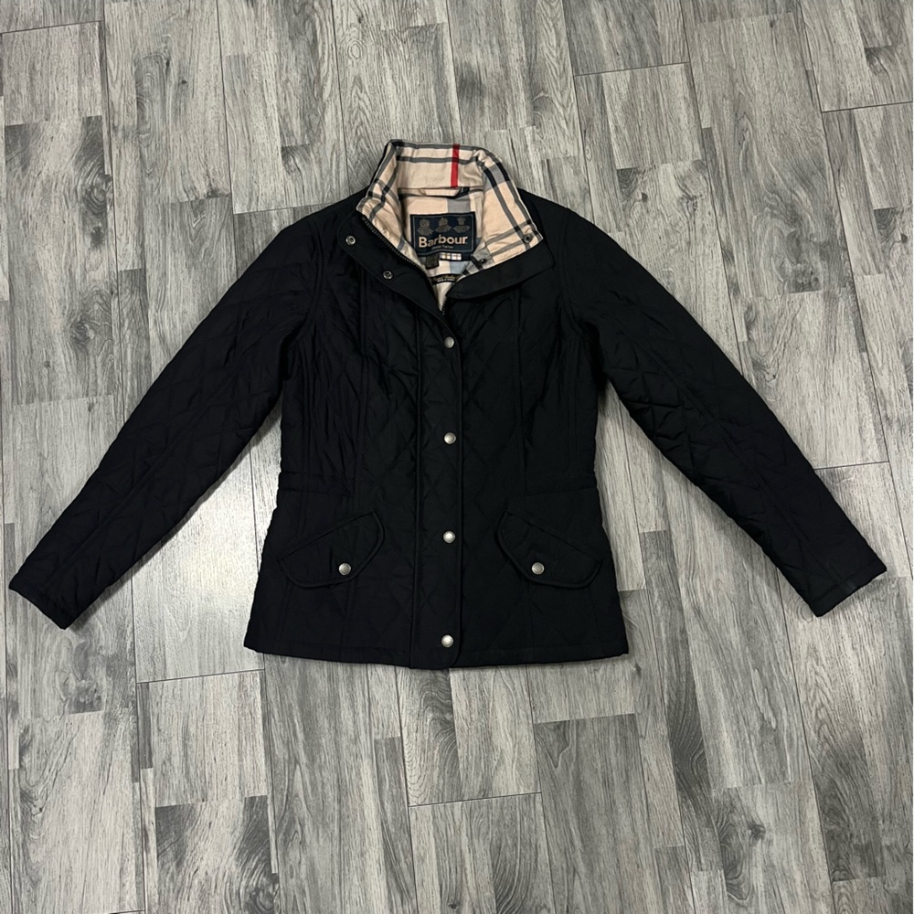Barbour Black Quilted Jacket with Plaid Lining